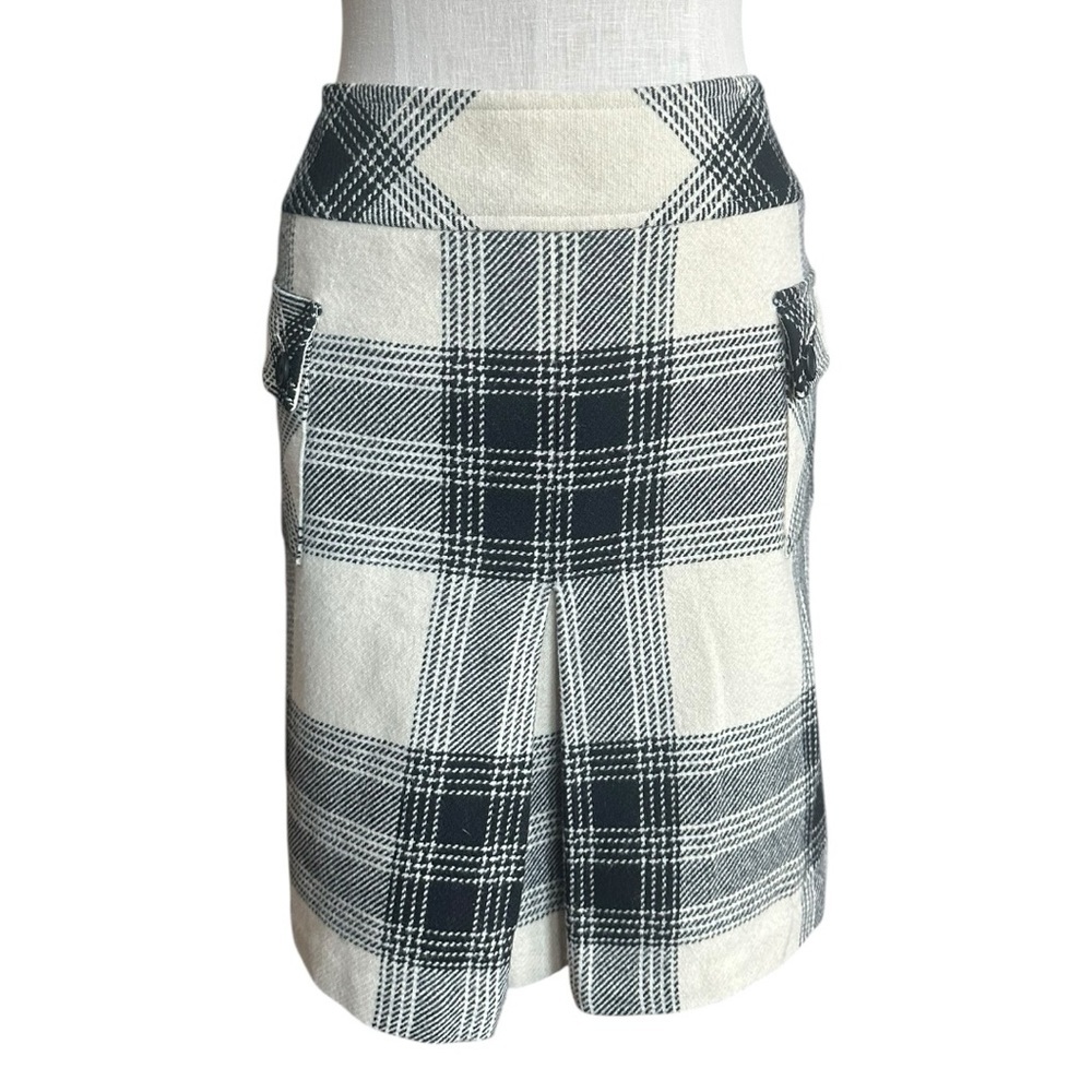 Talbots Petites Black Cream Plaid Front Pleat Wool Blend Skirt Size 6 Classic
